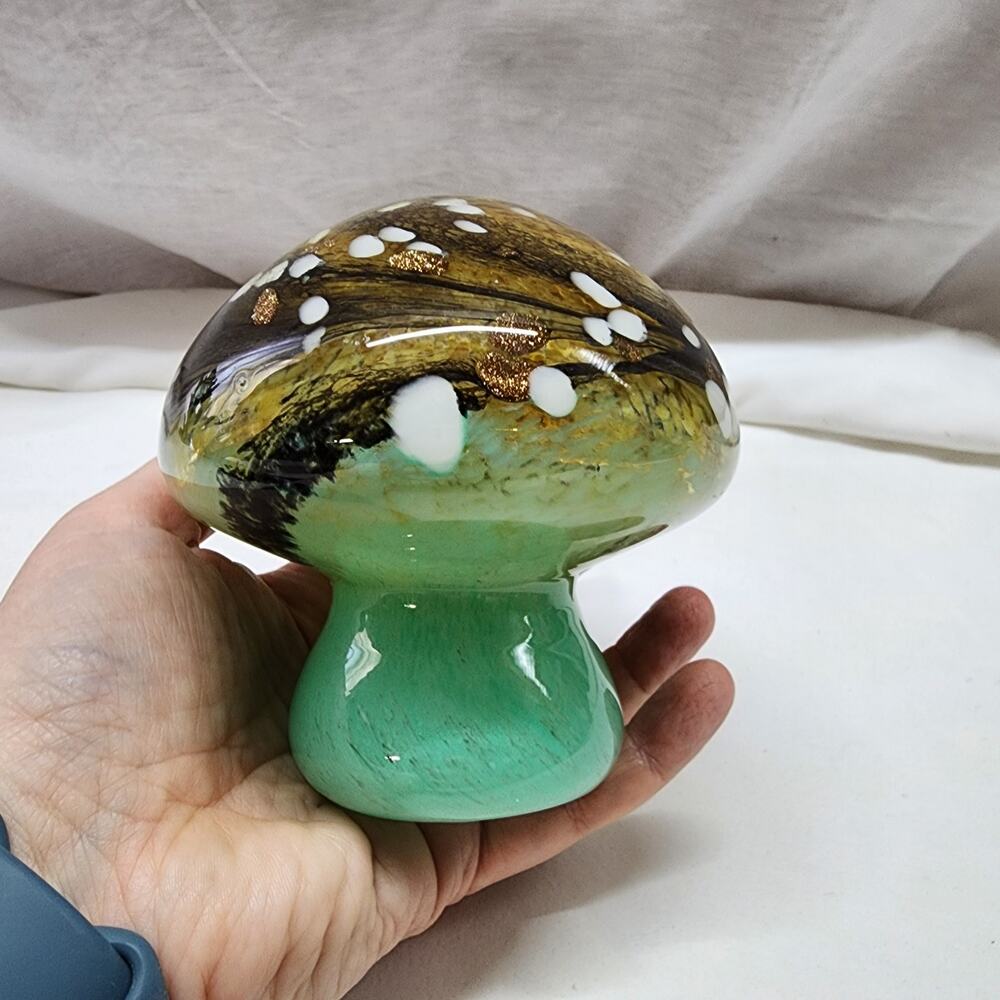 Blown Glass Hollow Mushroom Green Brown swirl 4A